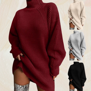Women Solid Color Loose Knitted Dress 2023 Autumn Winter New Dress Sweater Women Long Sleeve Turtleneck Dress Sweater 